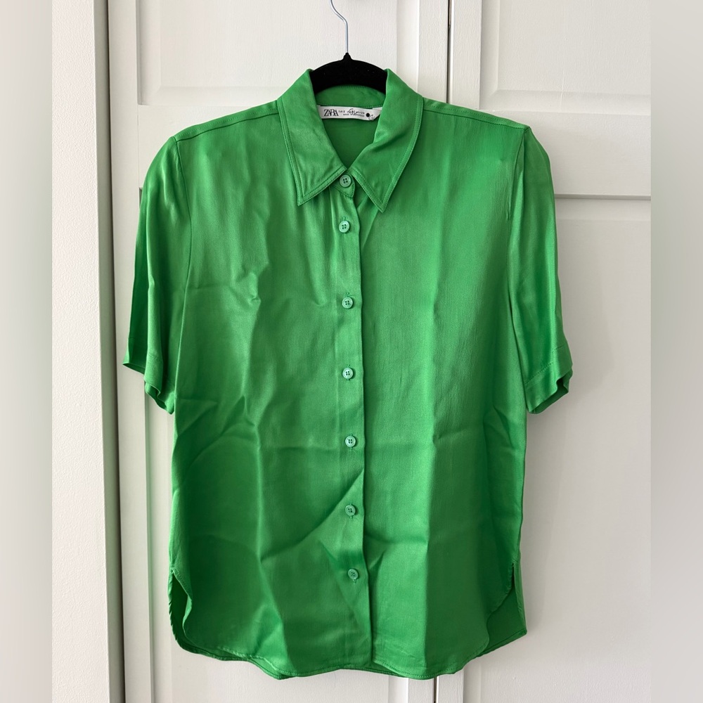 Zara Kelly Green Satin Blouse size S | Silky Button Up Shirt, Oversized Fit
